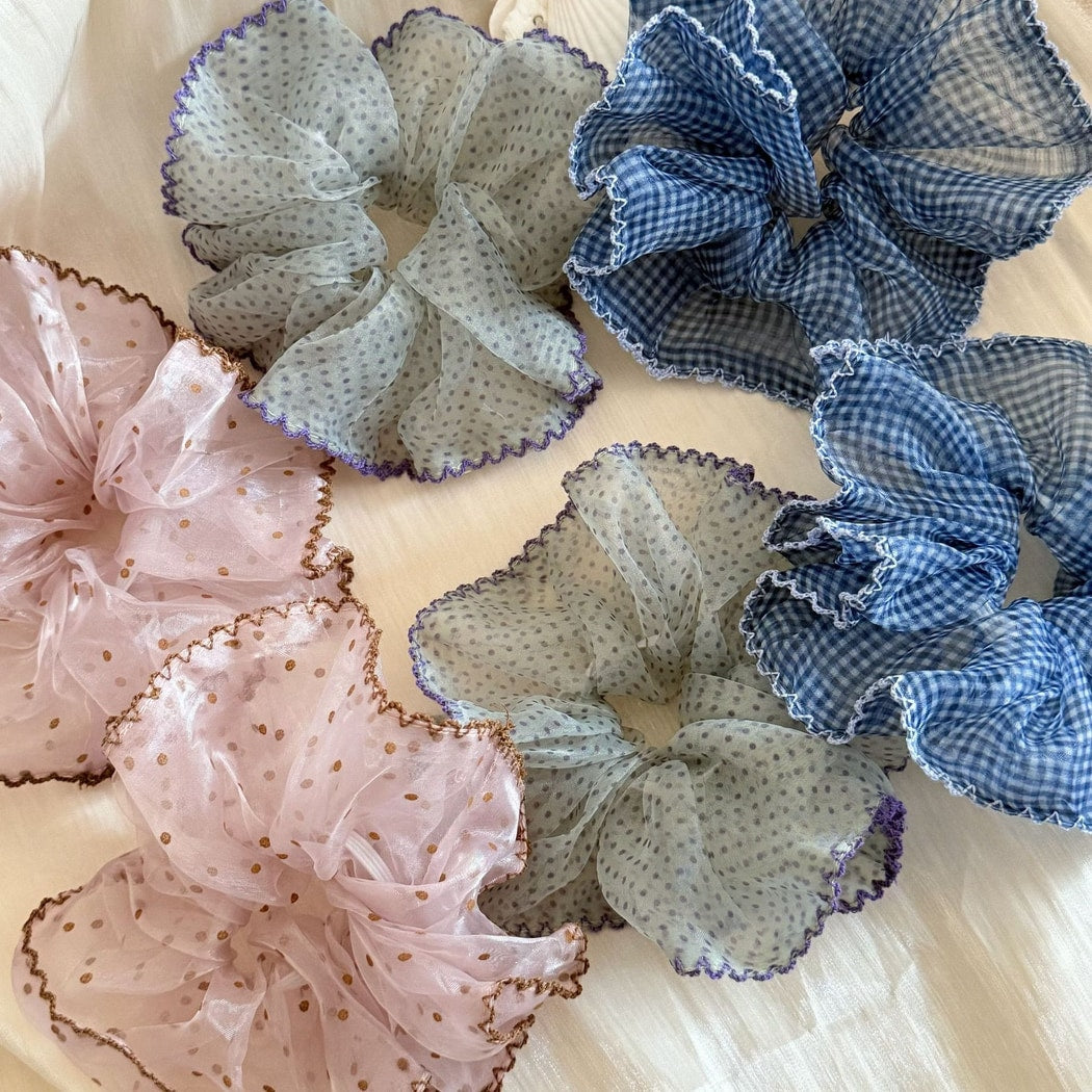 Gifty - Plaid Mesh Ruffle Edge Polyester Scrunchie
