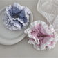 Gifty Sweet Stripe Ruffle Scrunchie in pastel pink and white stripes on a white background