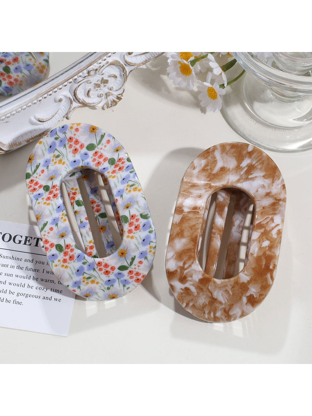 Beau - Floral Print Flat Oval Spring Claw Clip