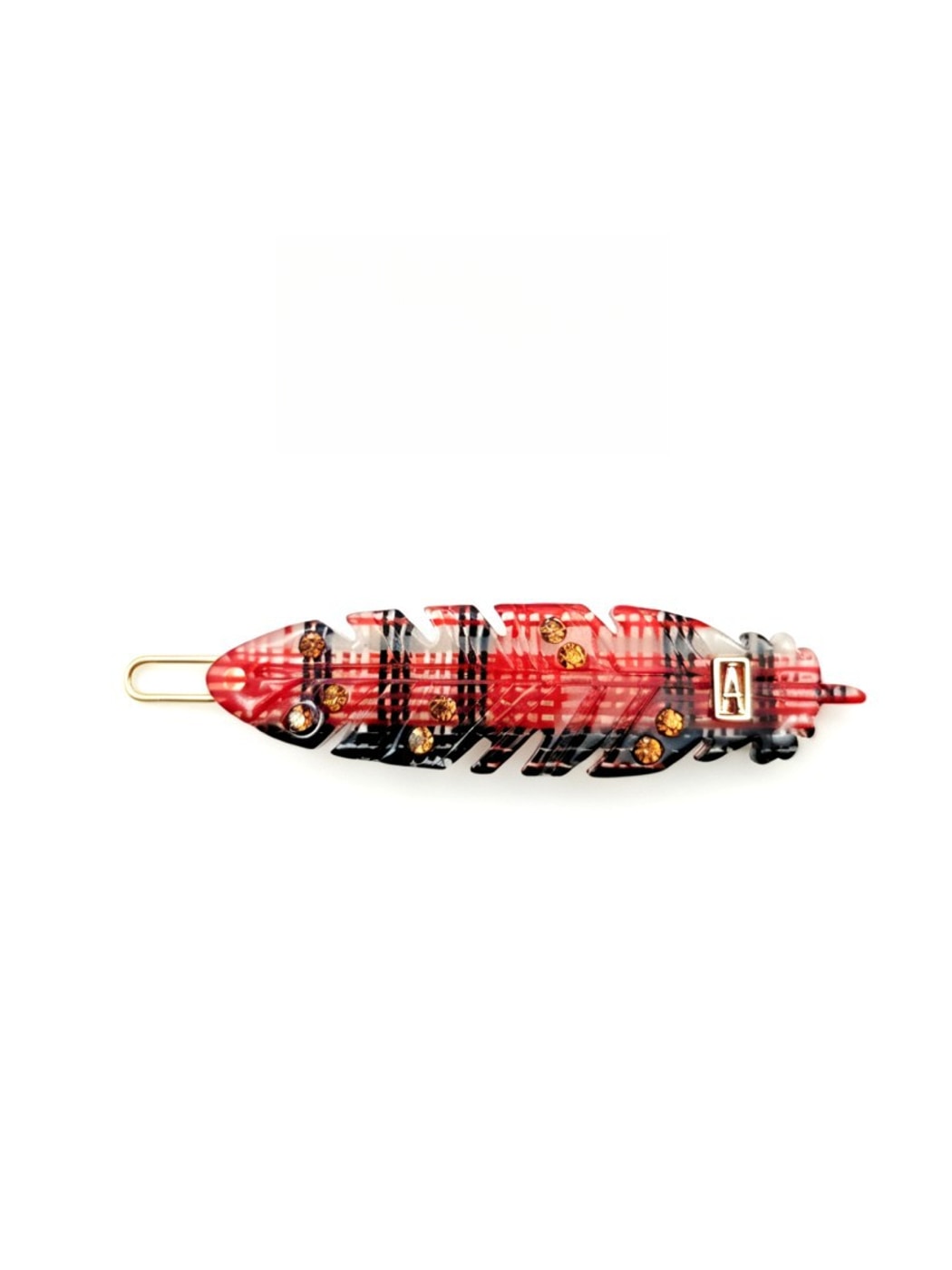Beau - Check Pattern Feather Detail Acetate Side Barrette