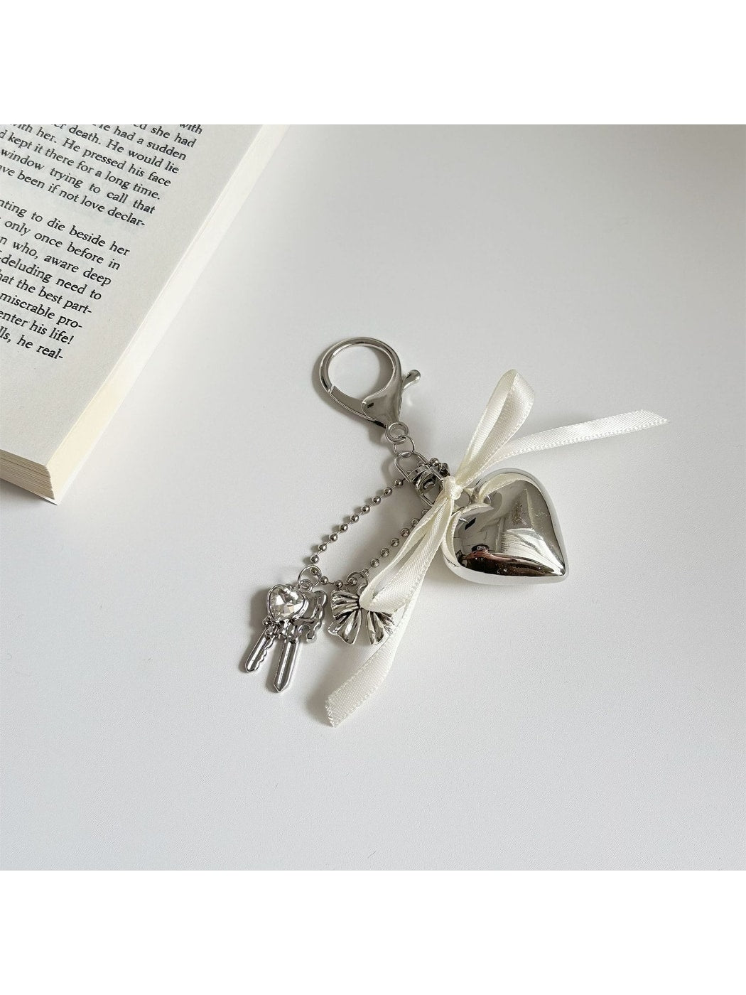 Keypus - Silver Tone Heart Bow Alloy Bag Charm Keychain
