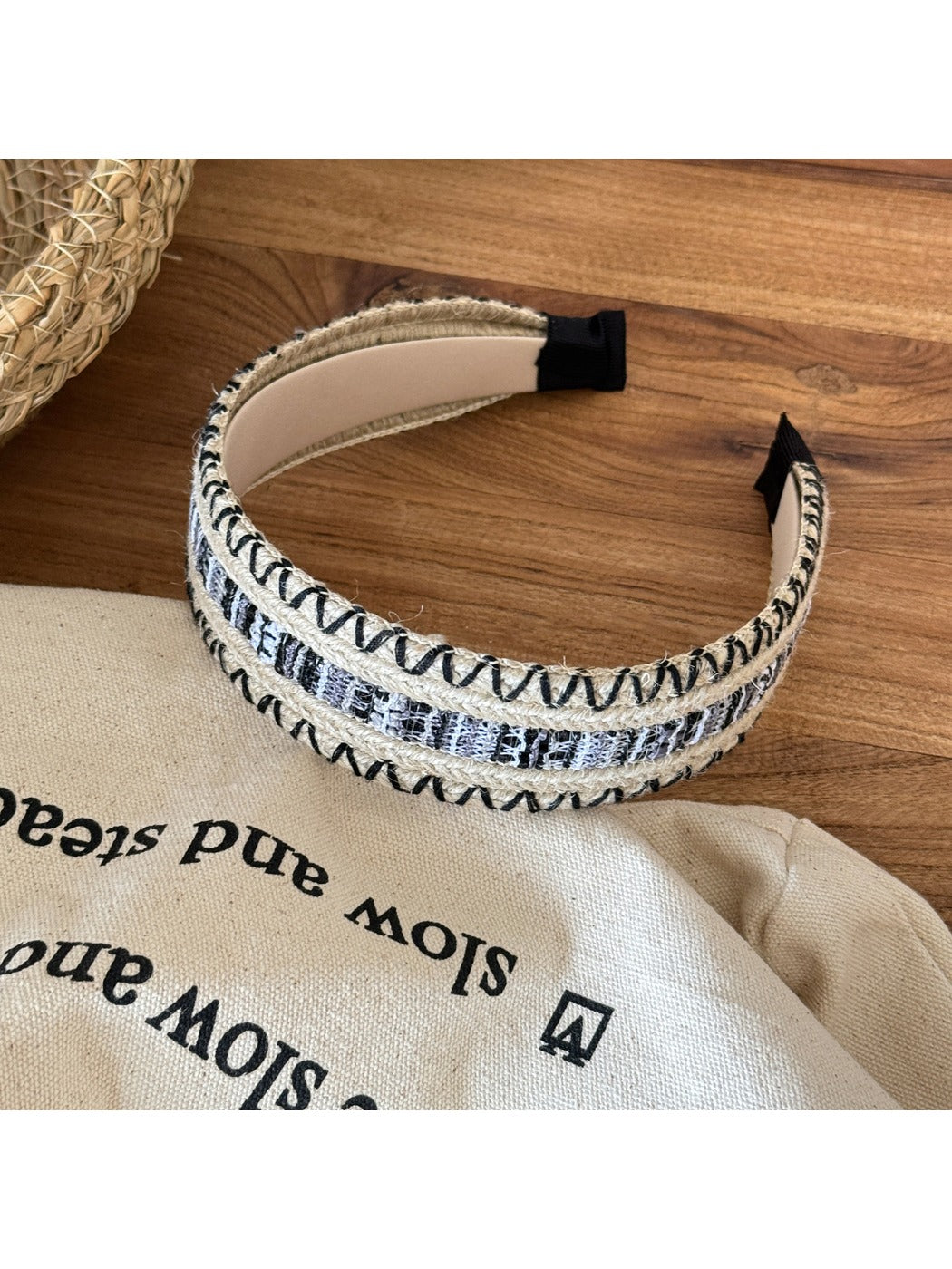 Close-up of Gifty vintage wide edge woven headband showing detailed woven texture and pattern