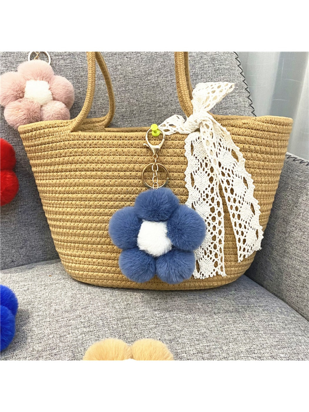 Keypus - Flower Pompom Bag Charm Keychain