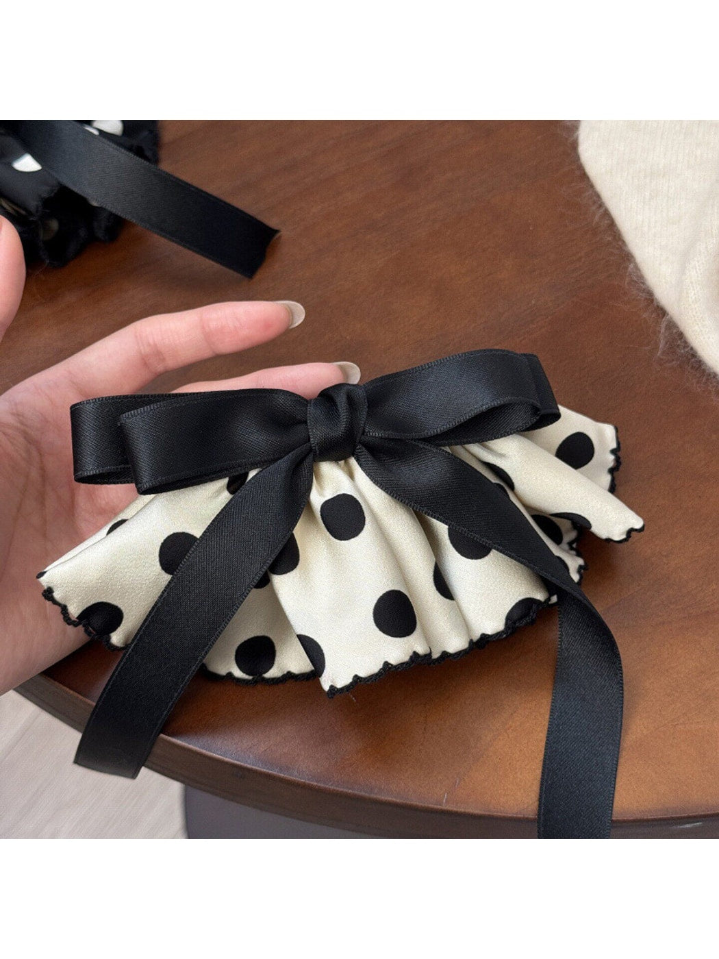 Beau - Polka Dot Ribbon Bow Spring Hair Clip