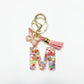 Butterfly and letter pendant keychain displayed with a small gift box