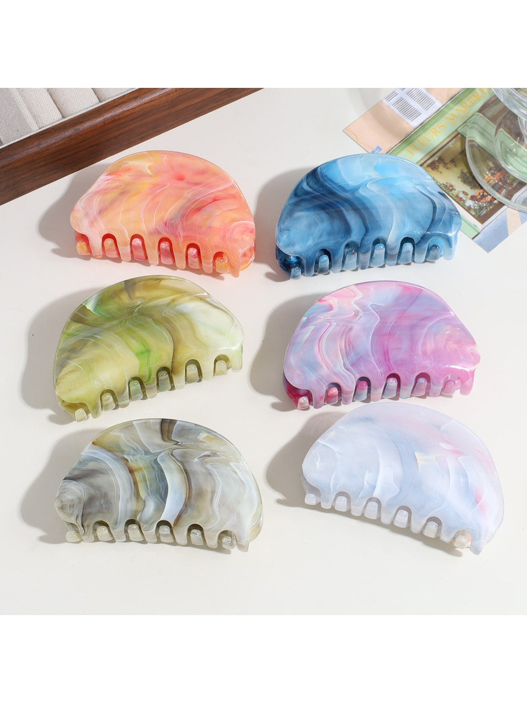Beau - Half Round Marble Print Plastic Claw Clip