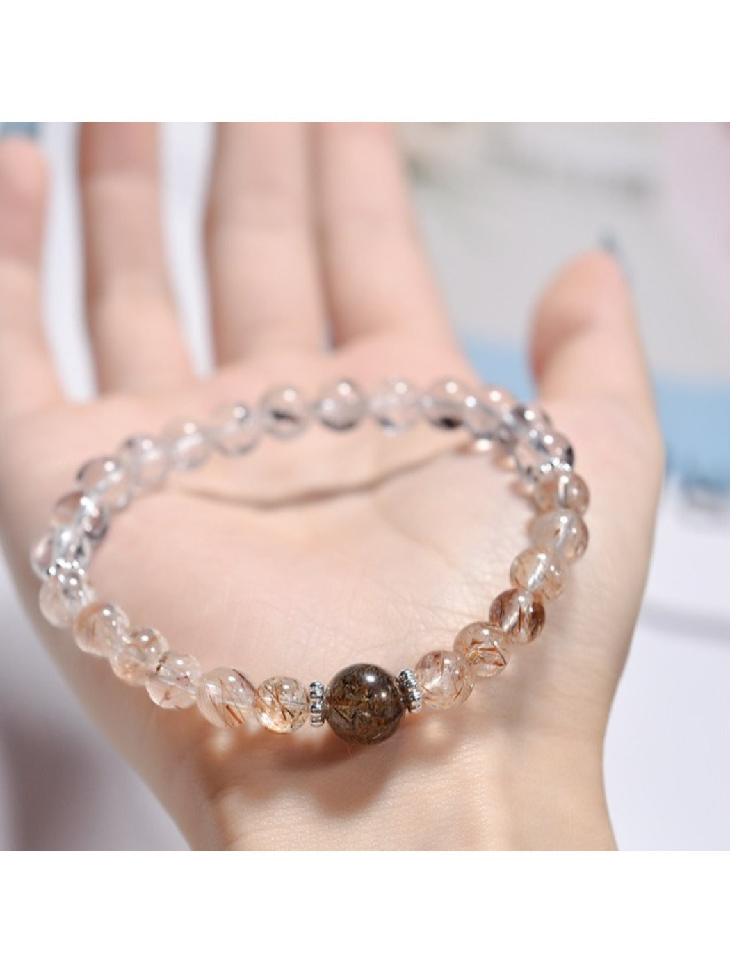 Side view of Lovra crystal bead bracelet displaying color block pattern and bead texture