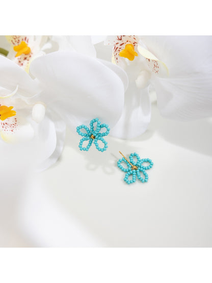 Earedge - Floral Earrings In Blue Seed Beads