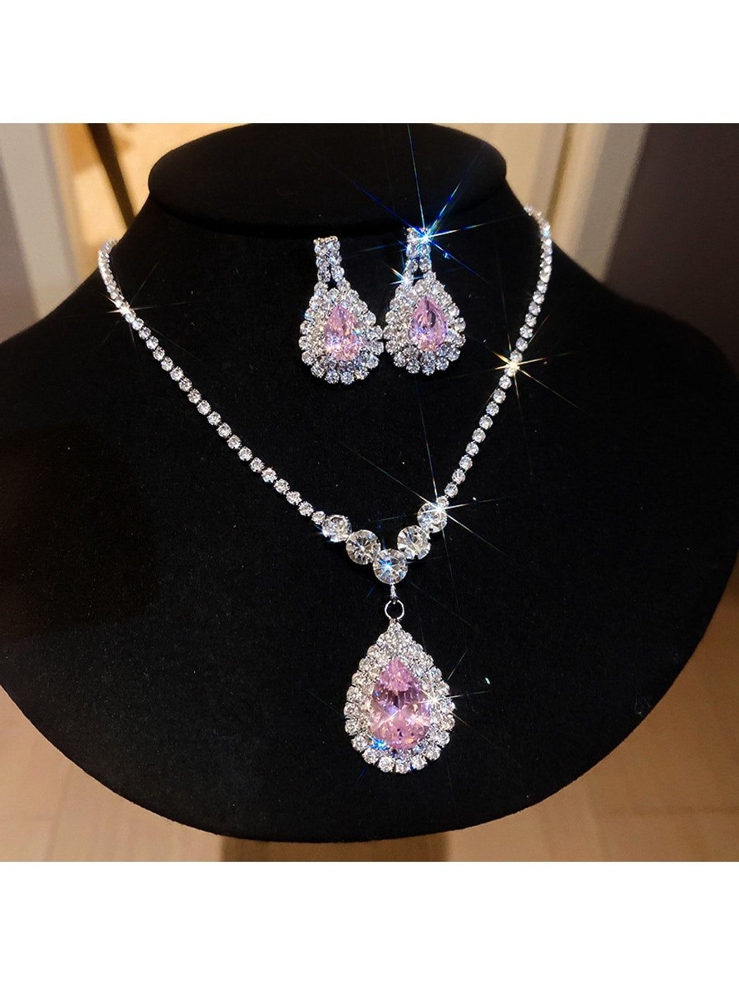 Nozari - Rhinestone Water Drop Necklace and Earrings Set