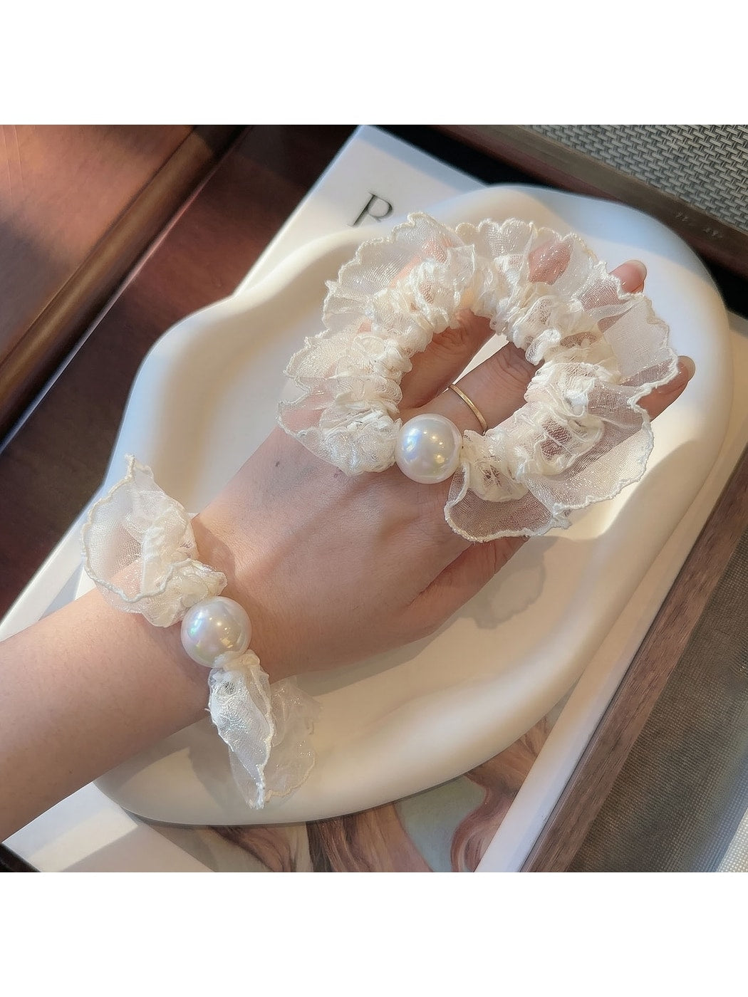 Gifty - Lace Trim Beaded Elastic Scrunchie