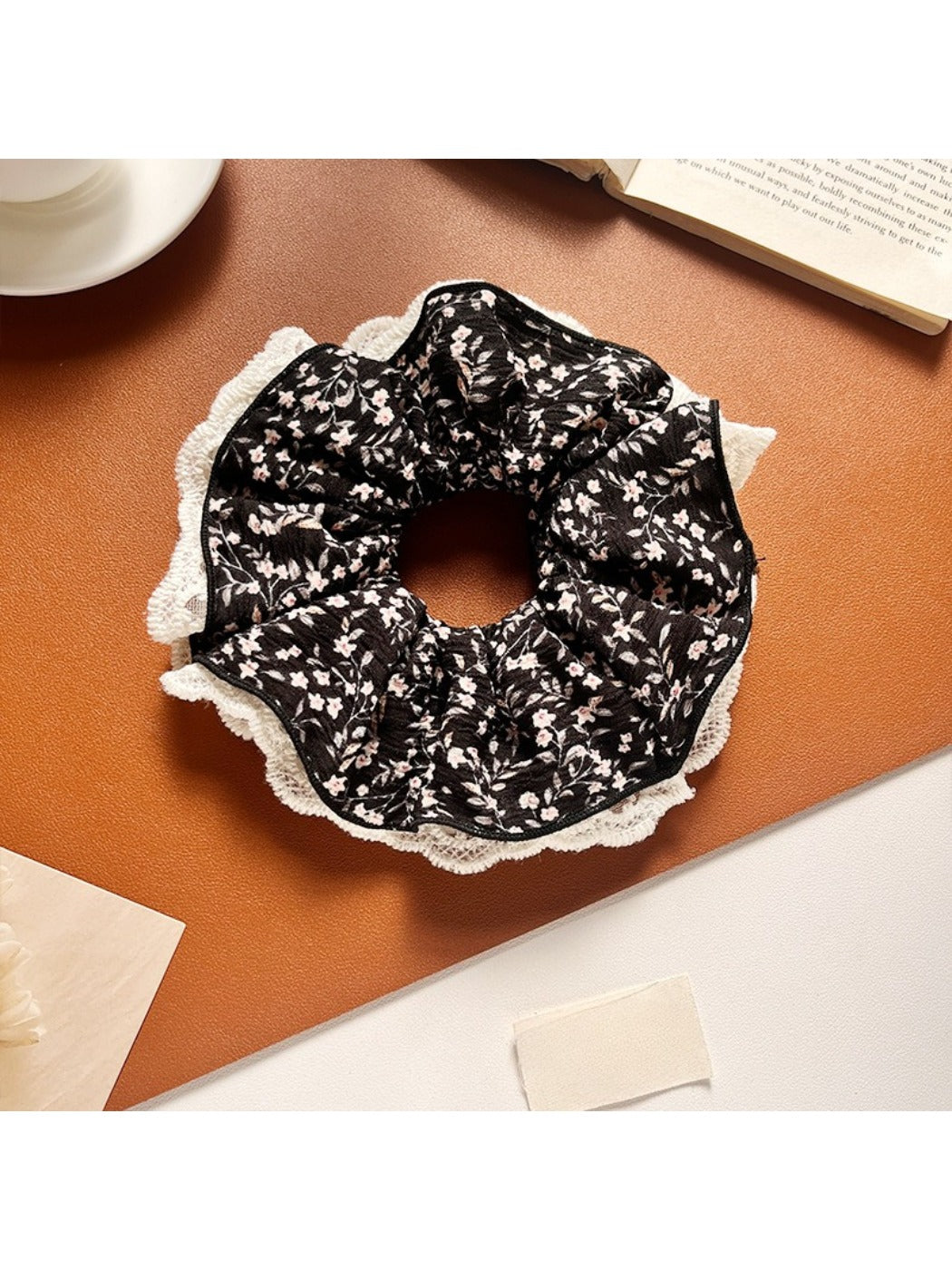Gifty - Elegant Ditsy Floral Lace Trim Scrunchie