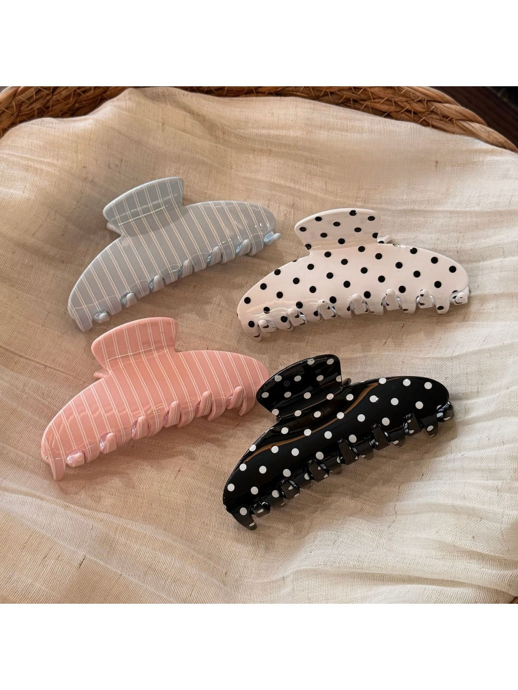 Close-up of Beau Sweet Polka Dot Stripe Claw Clip highlighting polka dot and stripe pattern