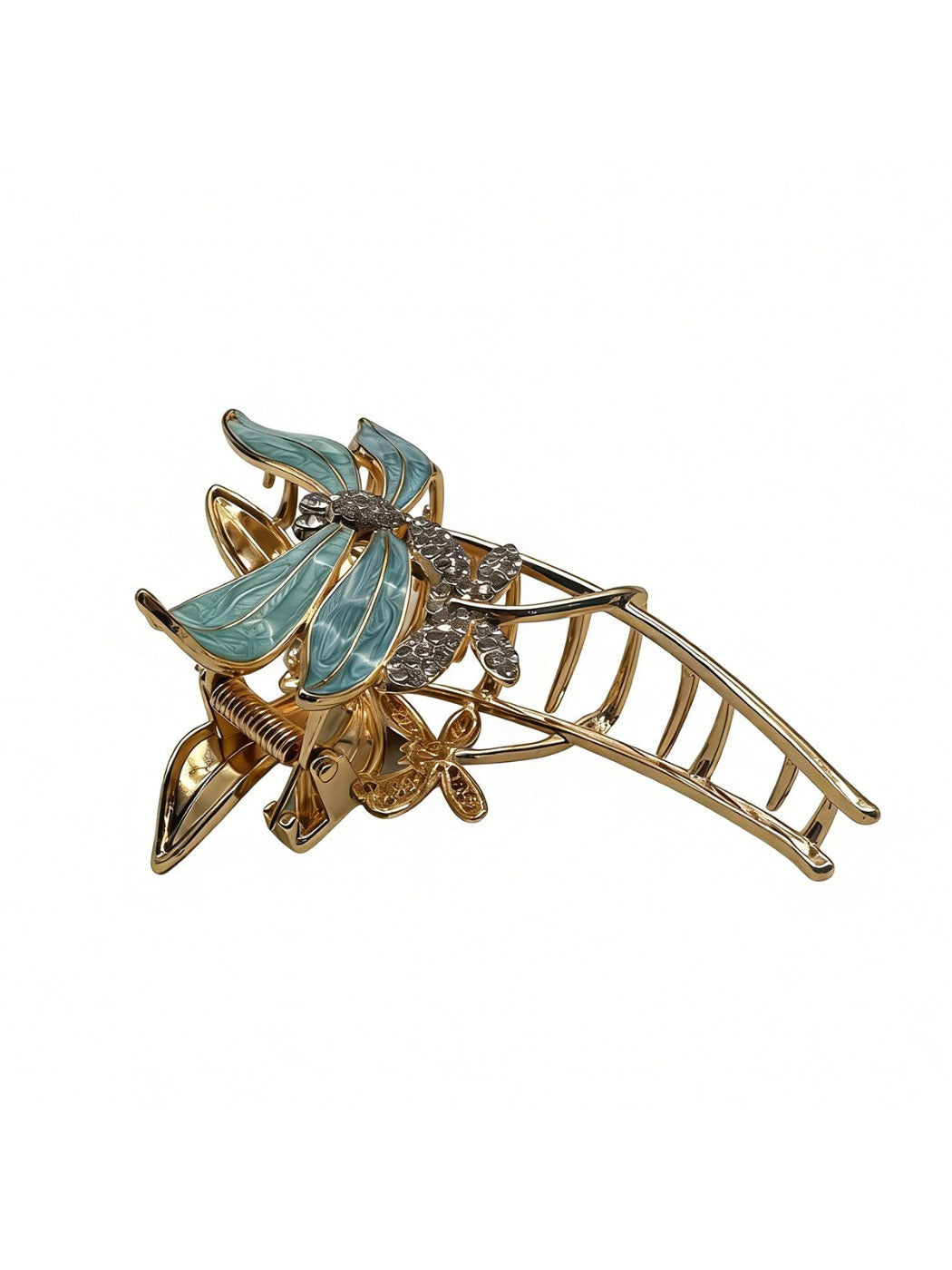 Beau dragonfly hair clip displayed on a white background highlighting its metallic finish