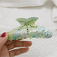 Beau rainbow claw clip positioned on a wooden surface for texture contrast