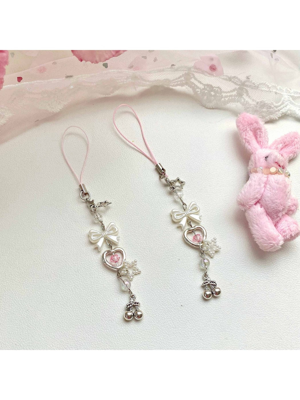 Keypus - Acrylic Bow Cherry Heart Beaded Keychain