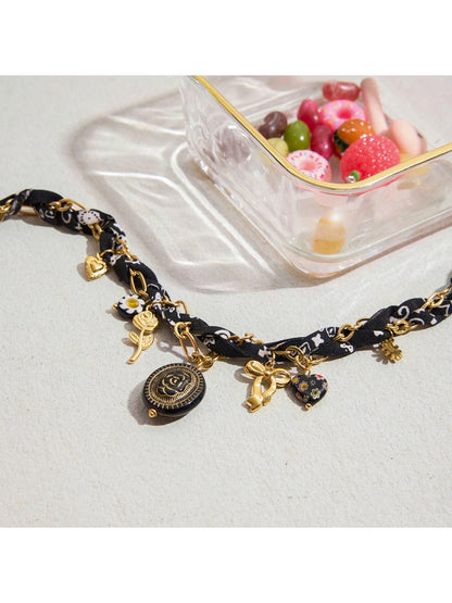 Earedge - Floral Patterned Cord And Chain Necklace