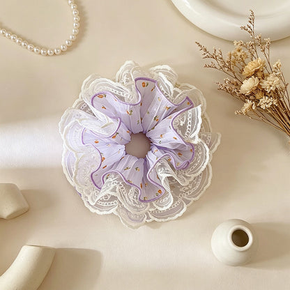 Gifty - Ruffled Openwork Flower Print Lace Scrunchie