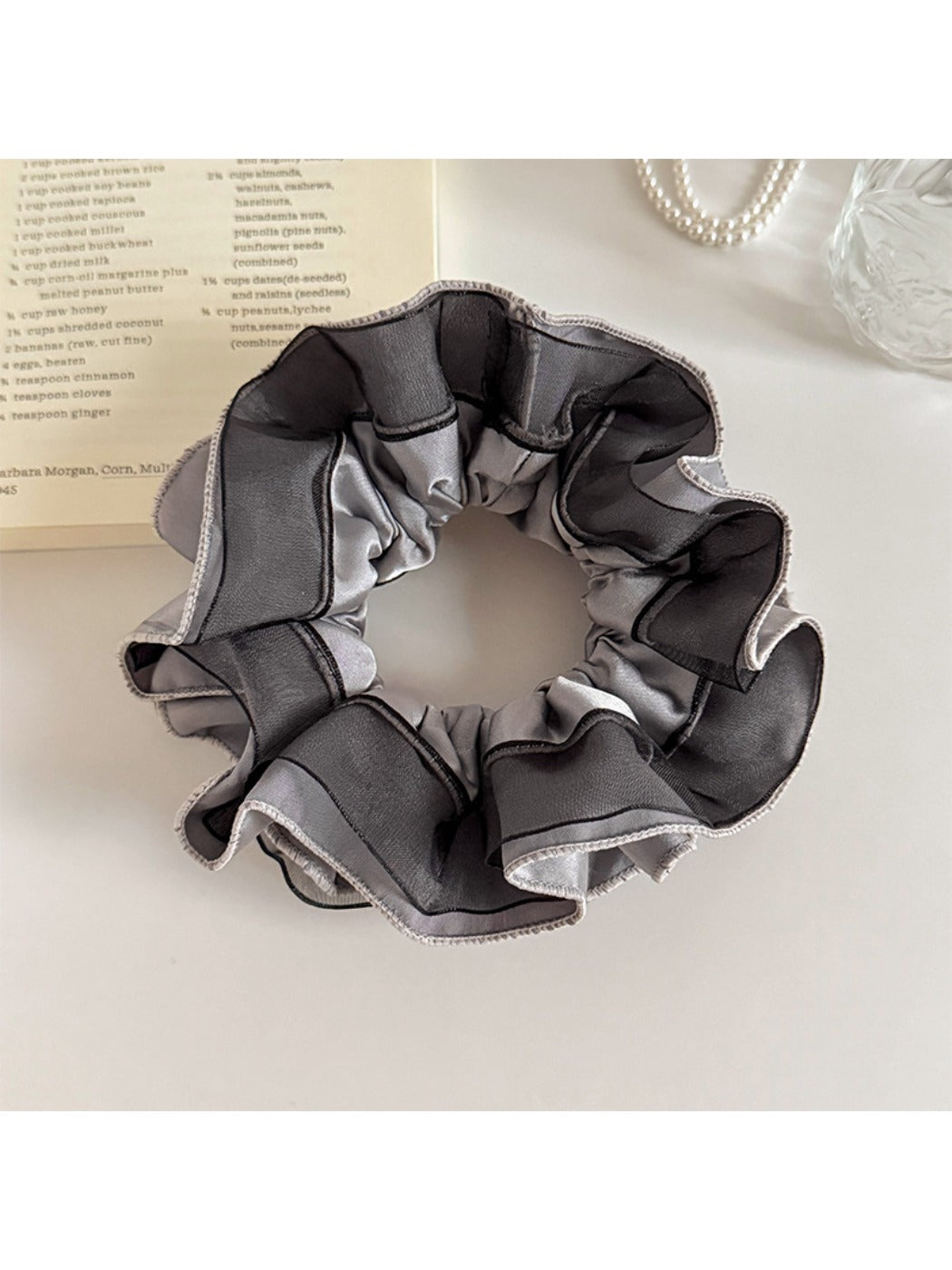 Side view of Gifty satin and tulle patchwork scrunchie