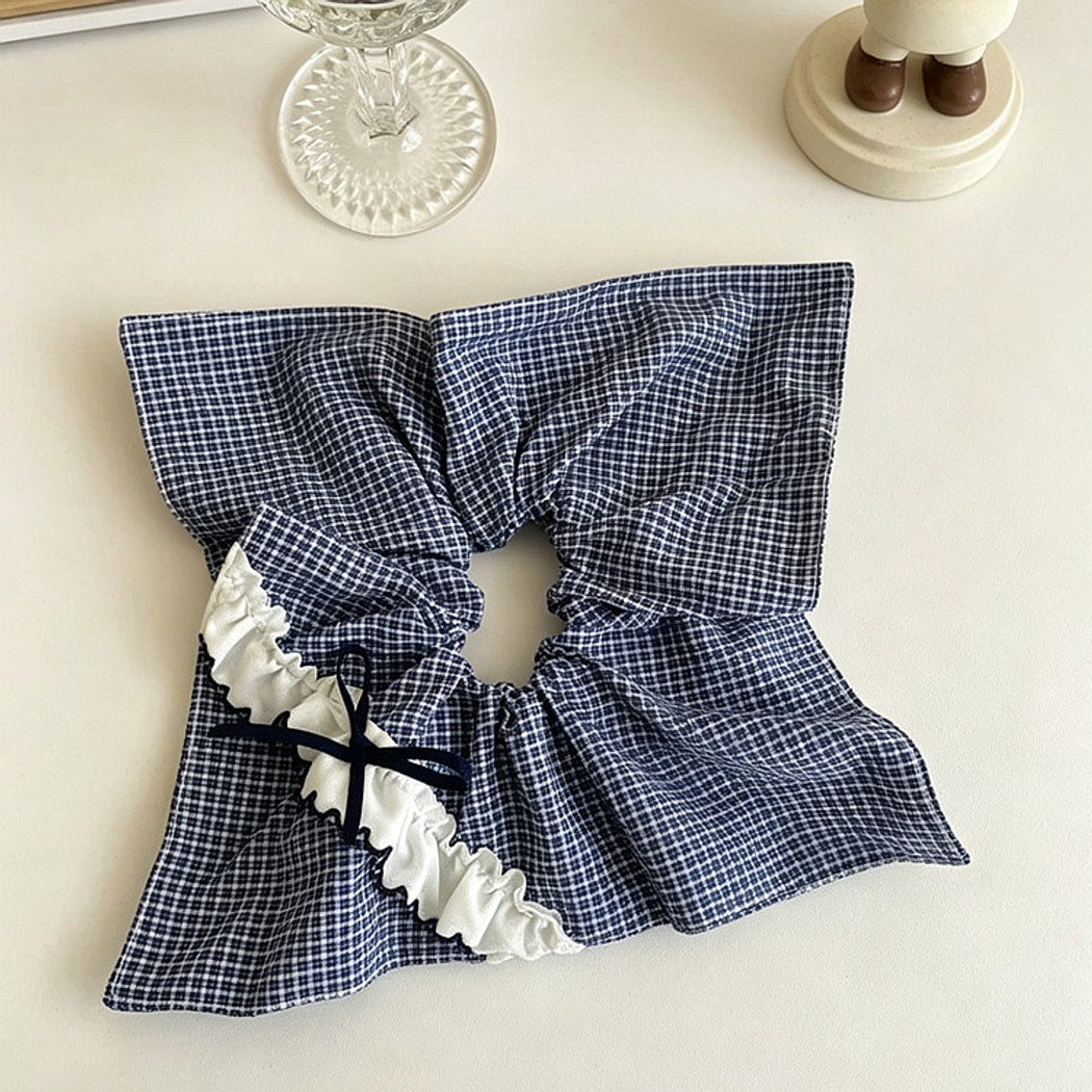 Gifty - Polyester Grid Ruffle Ribbon Bow Scrunchie