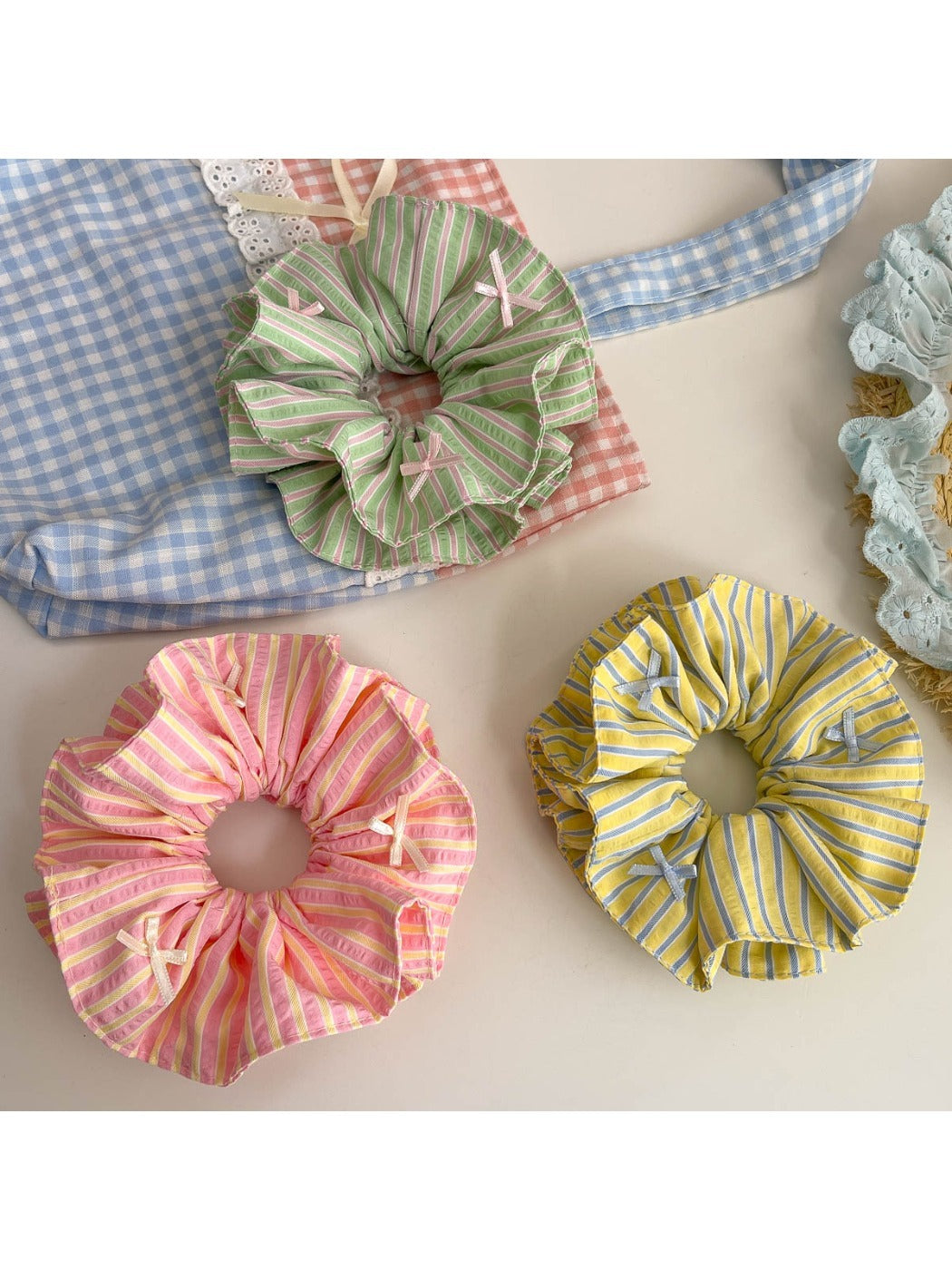 Close-up of Gifty color block stripe print scrunchie showing fabric texture
