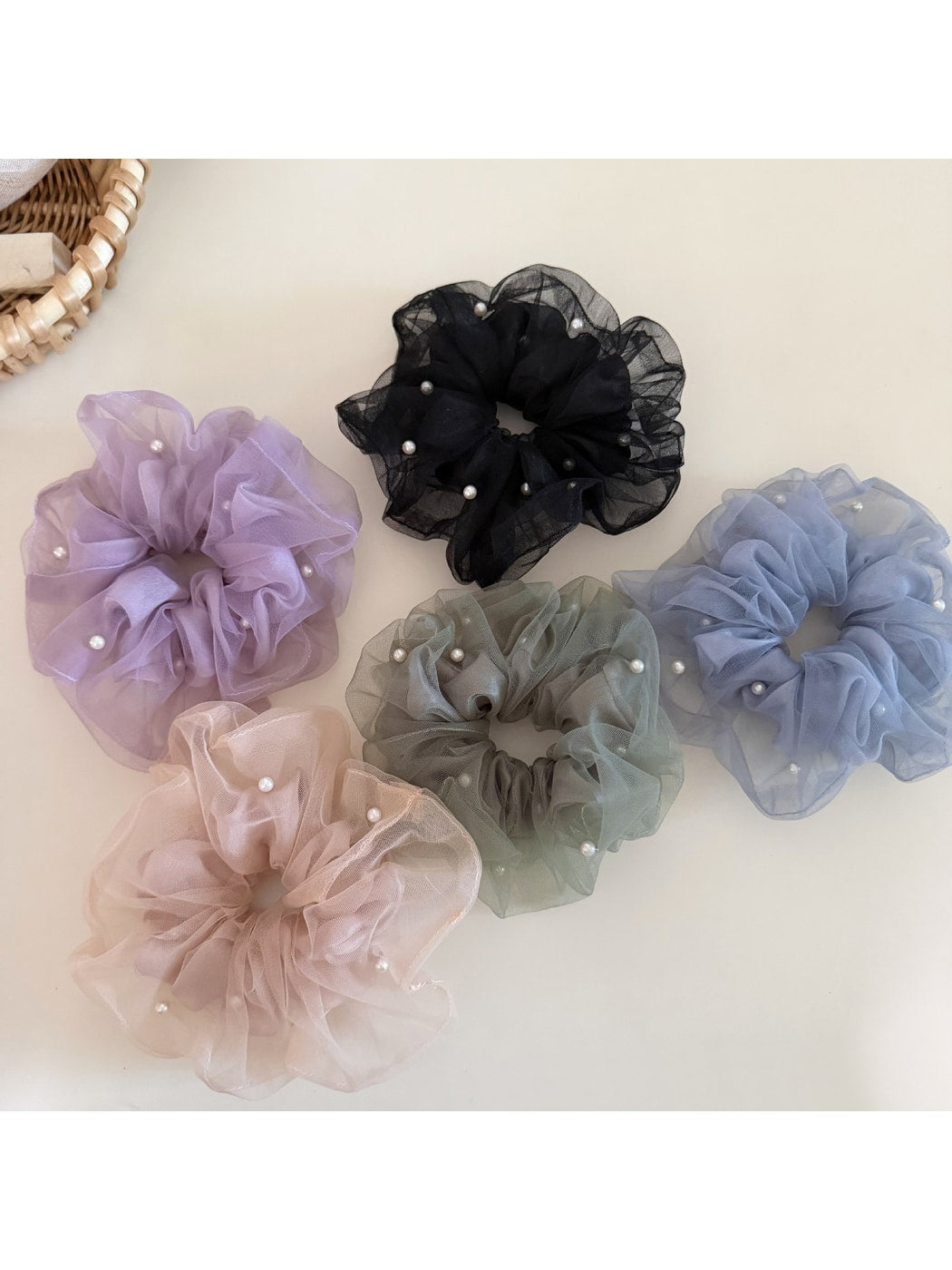 Gifty - Polyester Mesh Beaded Detail Scrunchie