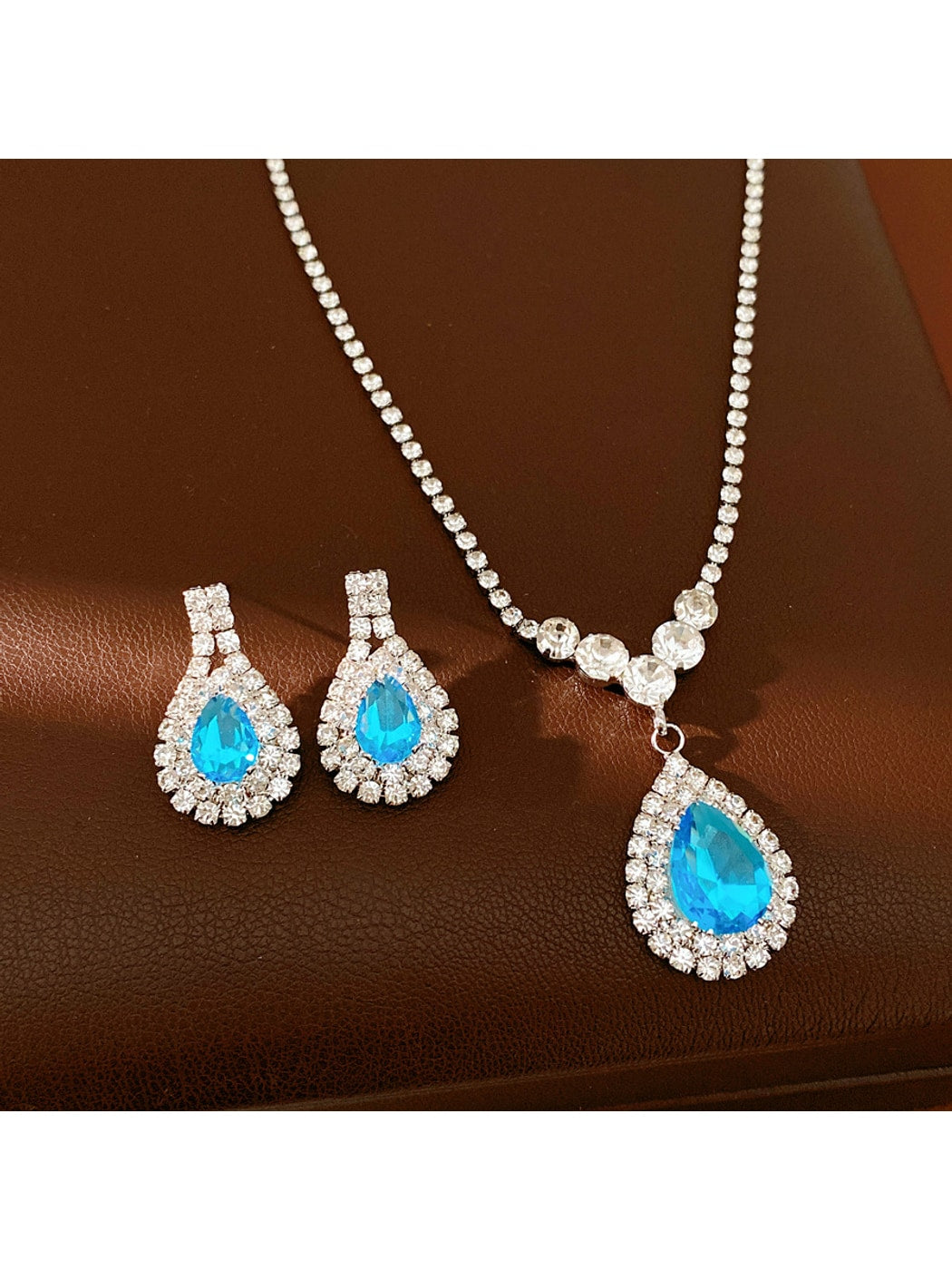 Nozari - Rhinestone Water Drop Necklace and Earrings Set