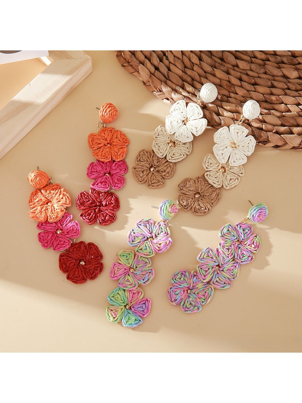 Close-up of Earedge Bohemian color block drop earrings with geometric shapes