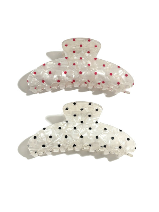 Beau polka dot updo claw clip holding brown hair in a bun