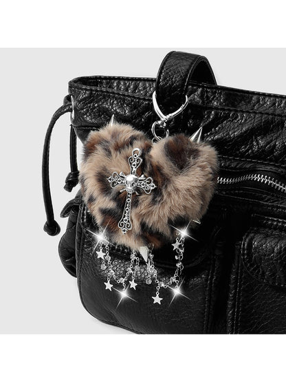 Keypus - Y2K Leopard Heart Cross Bag Charm Keychain