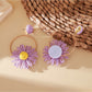 Side view of Earedge raffia circle flower earrings showing woven texture