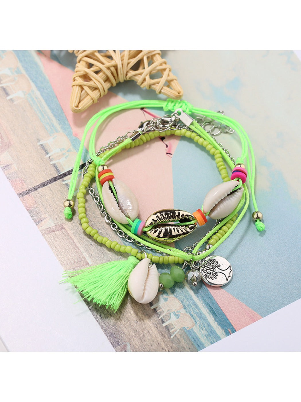 Detailed shot of silver charms and colorful beads on Lovra Bohemian bracelet