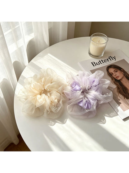 Gifty - Sheer Ruffle Beaded Polyester Scrunchie