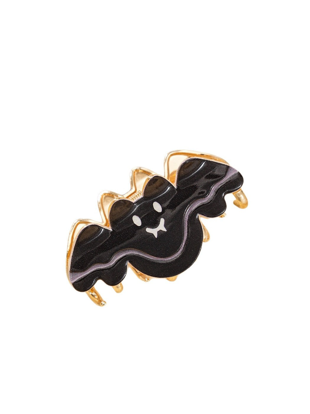 Model wearing black bat shaped hair clip in styled hair
