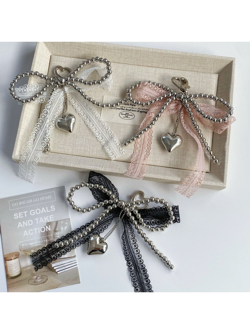 Keypus - Lace Bow Heart Pendant Bag Charm Keychain