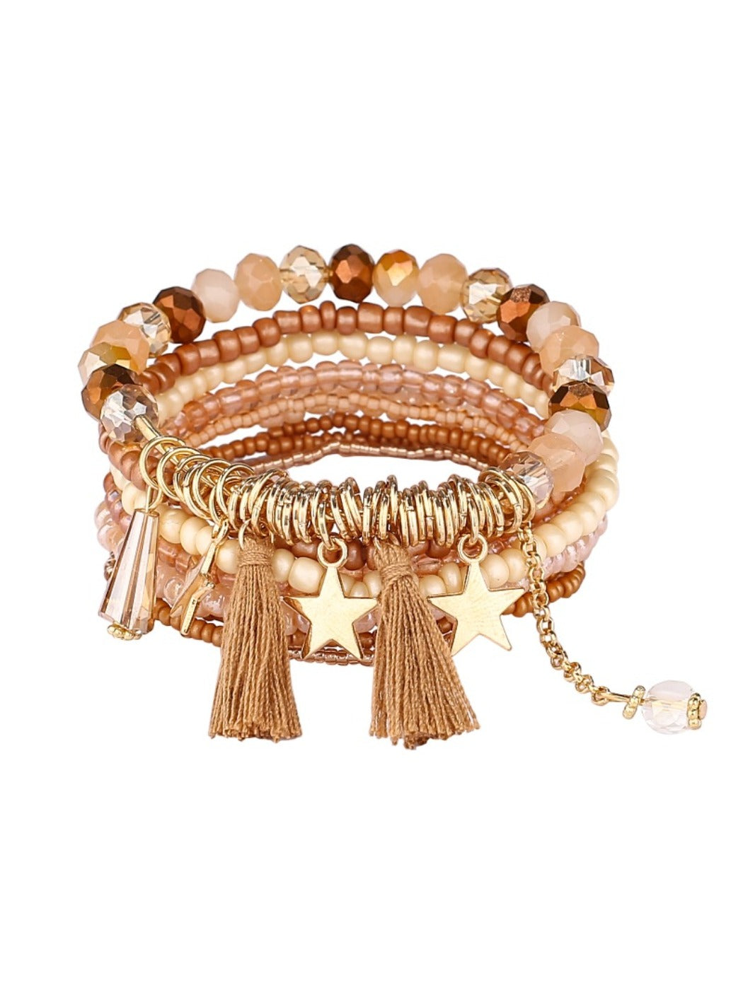 Set of Lovra stackable beaded bracelets featuring earth tones and metallic accents