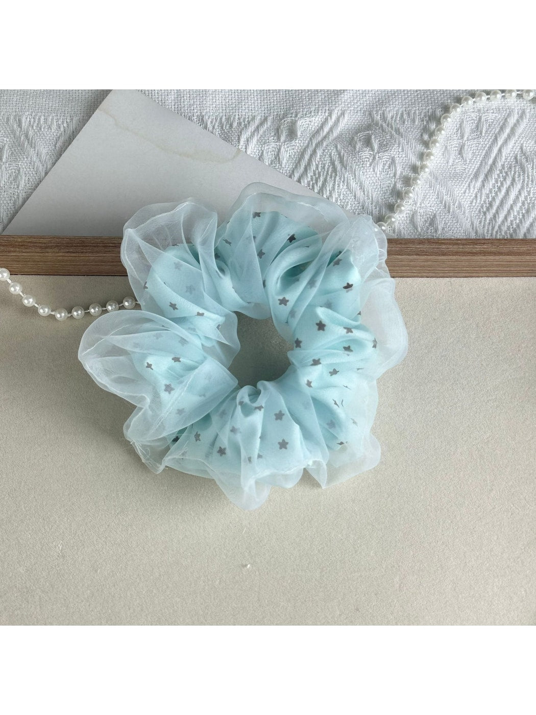 Gifty - Blue Sheer Star Mesh Ruffled Hair Scrunchie