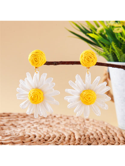 Side view of raffia stud earring showing woven daisy flower design
