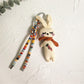Vintage rabbit charm keychain placed next to a small notebook and pen