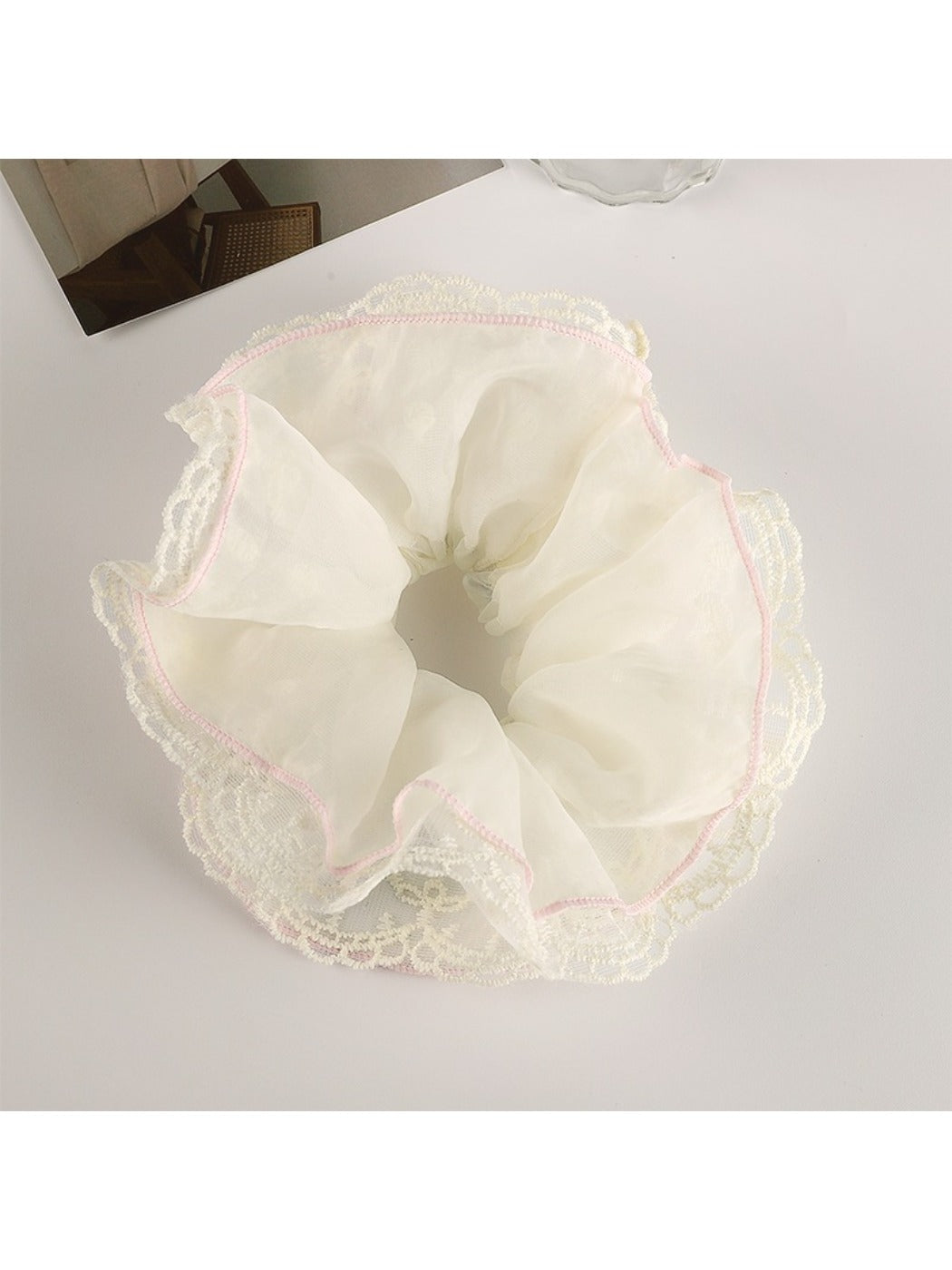 Gifty double layer scrunchie packaged in clear plastic with branding label