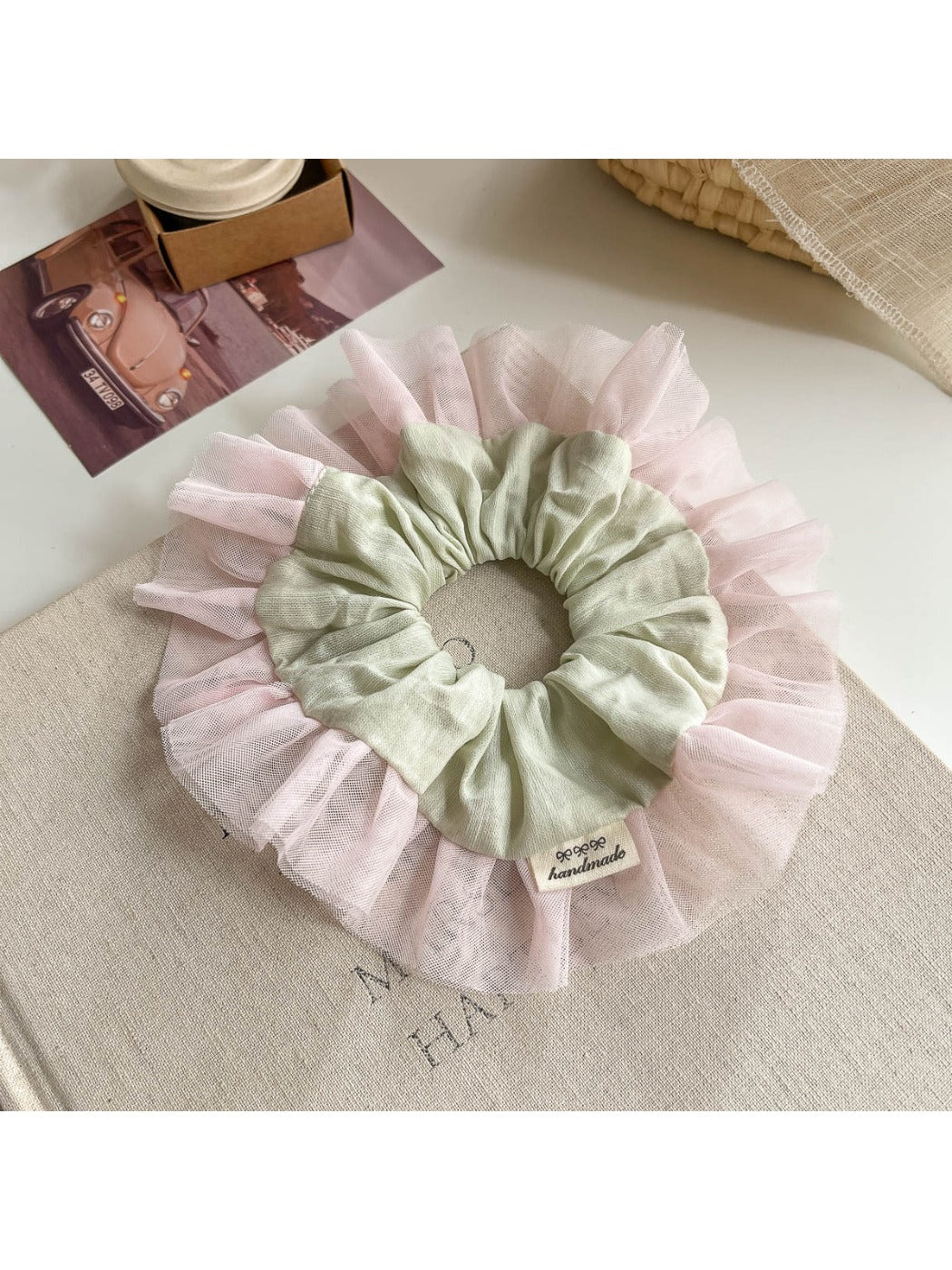 Top view of Gifty Sweet Color Block Tulle Scrunchie showing gathered tulle layers