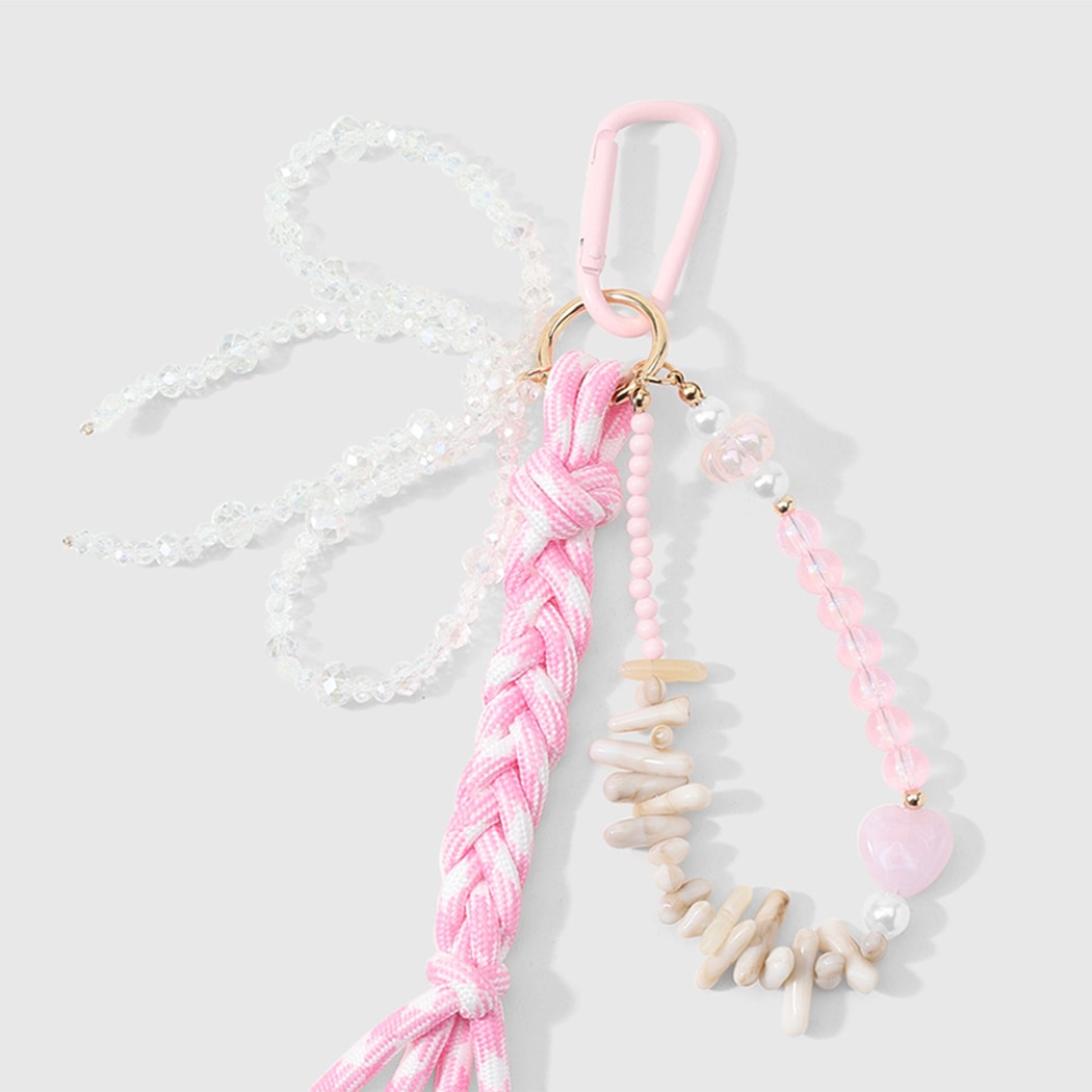 Keypus - Pink Beaded Bow Woven Cord Keychain