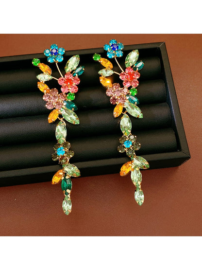 Earedge - Vintage Floral Rhinestone Tassel Earrings