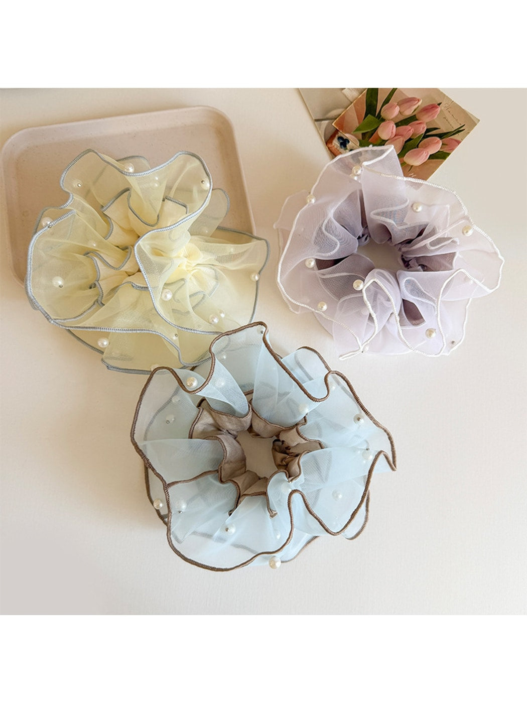 Gifty - Layered Organza Look Bead Detail Scrunchie