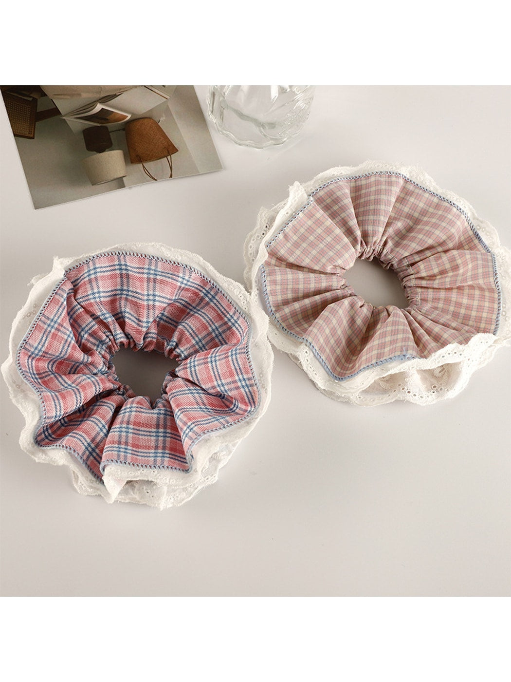 Gifty - Pink Plaid Lace Trim Polyester Fabric Scrunchie