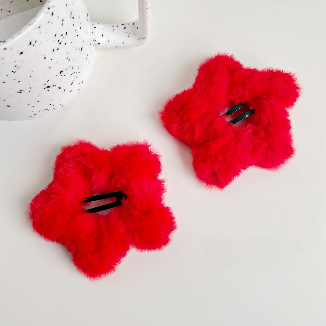 Beau - Soft Red Plush Star Shape Hair Clip Set