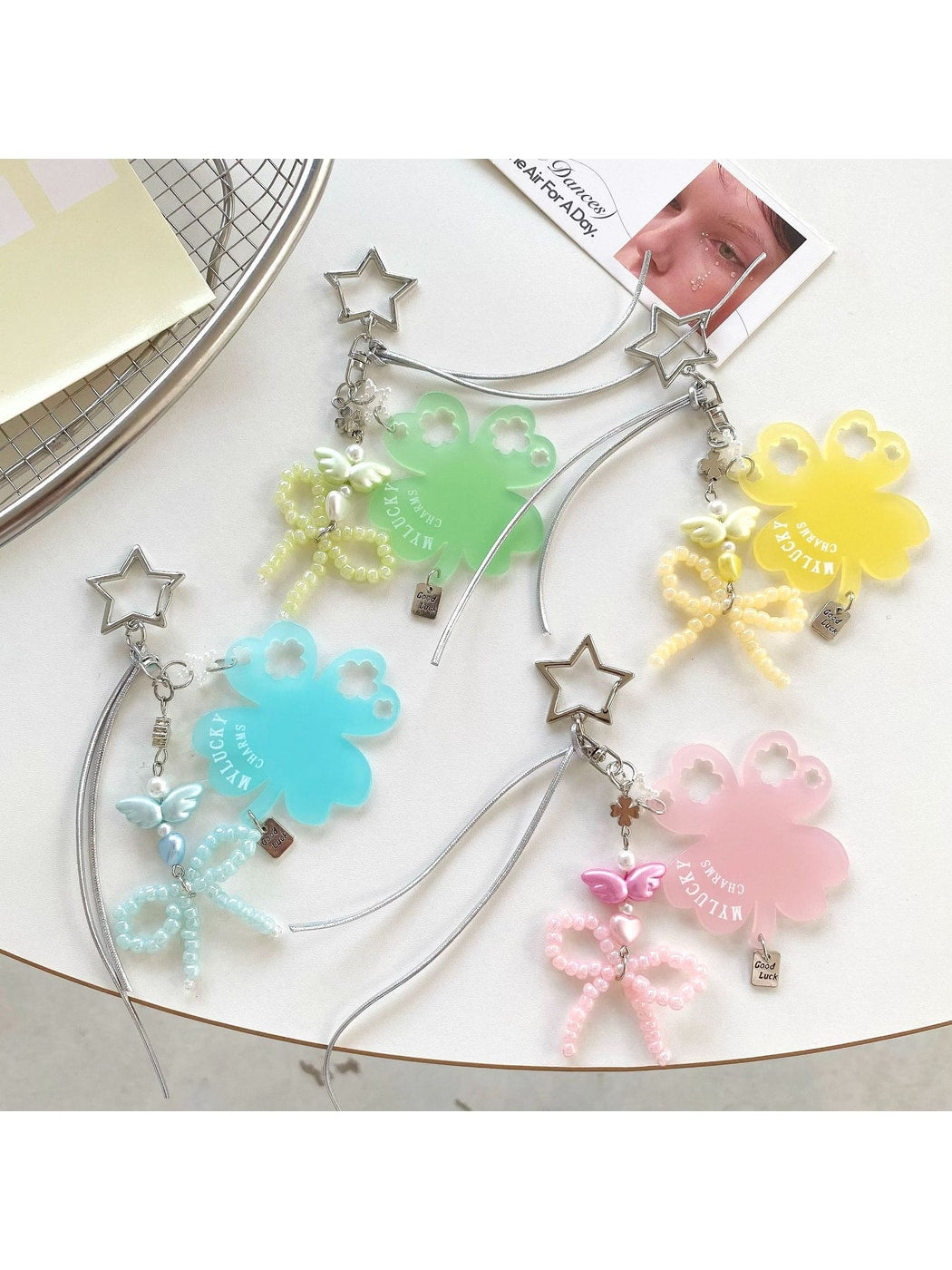 Keypus - Acrylic Clover Bow Beaded Bag Charm Keychain