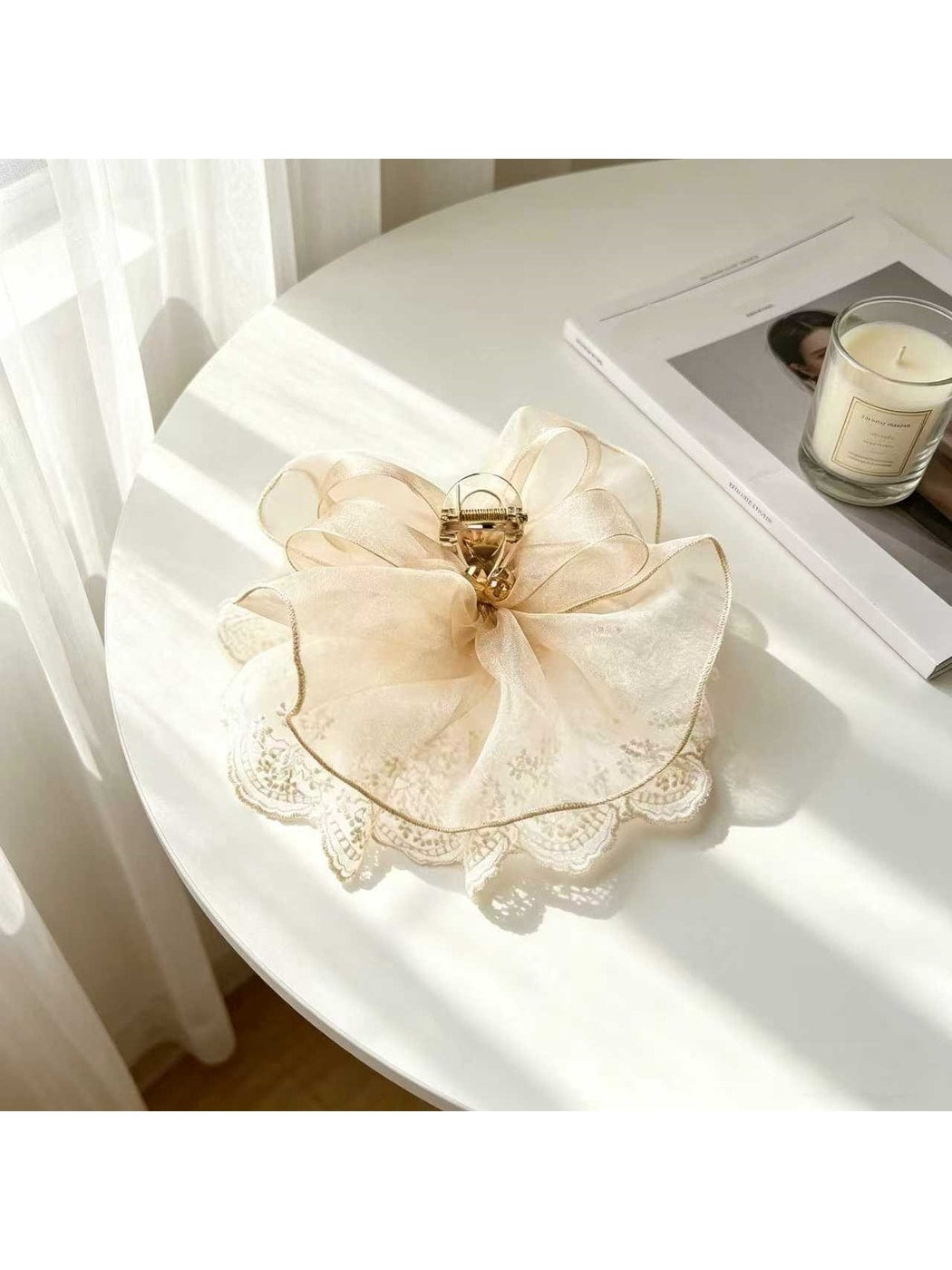Beau - Flower Mesh Bow Lace Trim Decorative Claw Clip