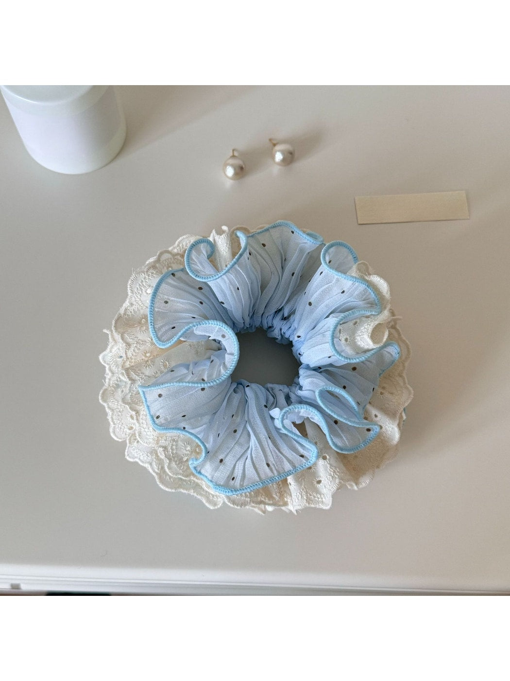 Gifty - Polka Dot Lace Ruffle Trim Polyester Scrunchie