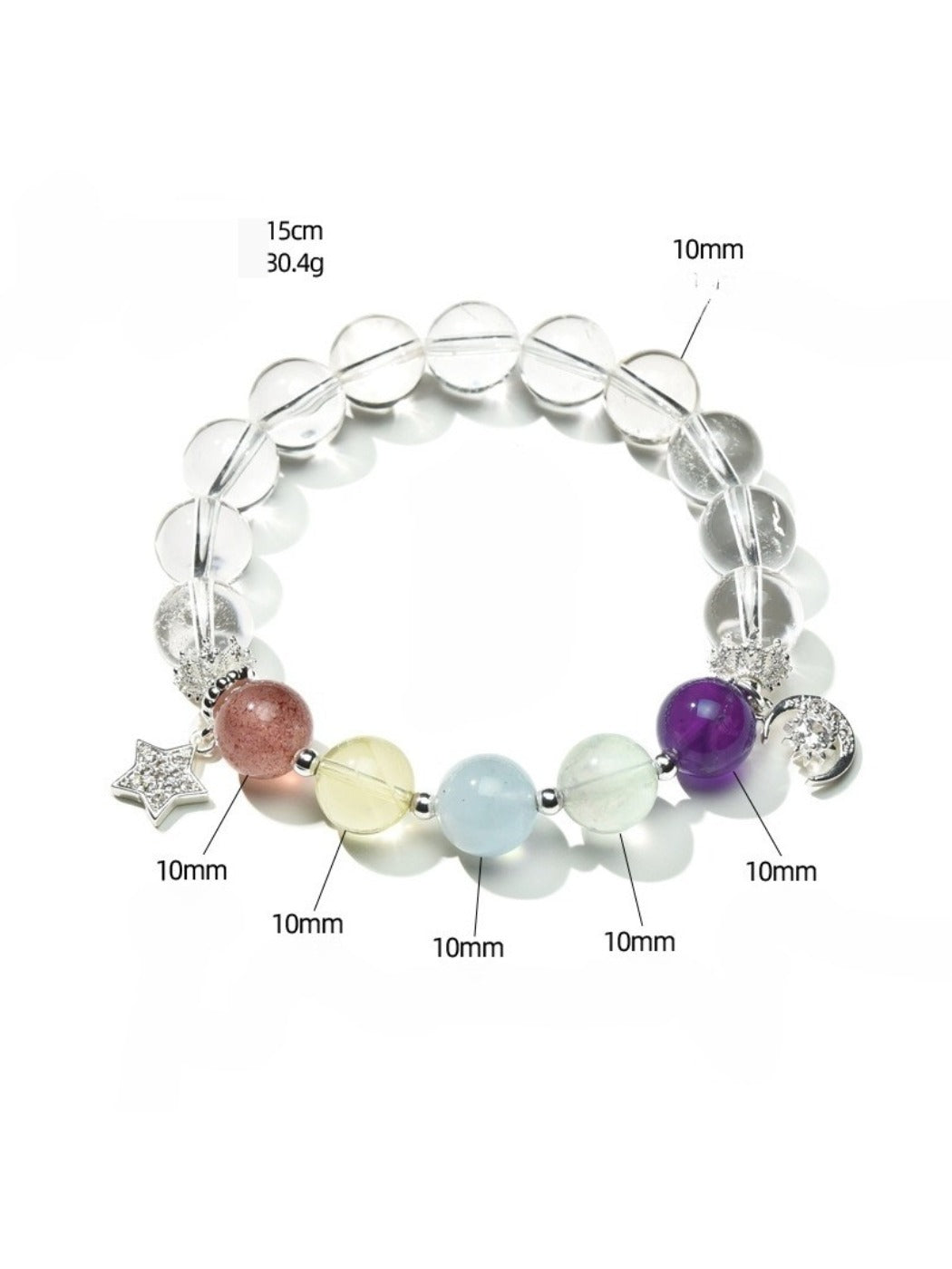 Lovra white bracelet with multi color crystal beads on a white background