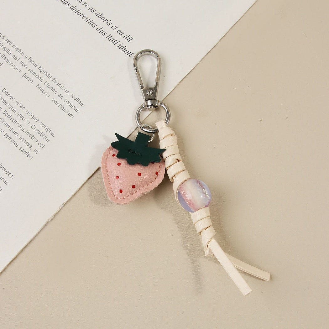 Keypus - Strawberry Beaded PU Bag Charm Keychain